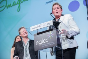 ZippyDogs founders kelli Henderson (left) and Elise Lindborg  accept NGLCC’s LGBt supplier of the year award.