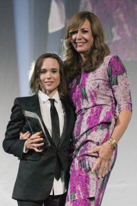 WASHINGTON, DC - OCTOBER 03: Allison Janney (R) presents Ellen Page with the HRC National Vanguard Award during the 19th Annual HRC National Dinner at Walter E. Washington Convention Center on October 3, 2015 in Washington, DC. (Photo by Teresa Kroeger/FilmMagic)