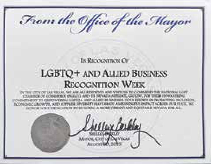 Proclamation from the Office of Mayor Shelley Berkley, City of Las Vegas, recognizing LGBTQ+ and Allied Business Recognition Week.