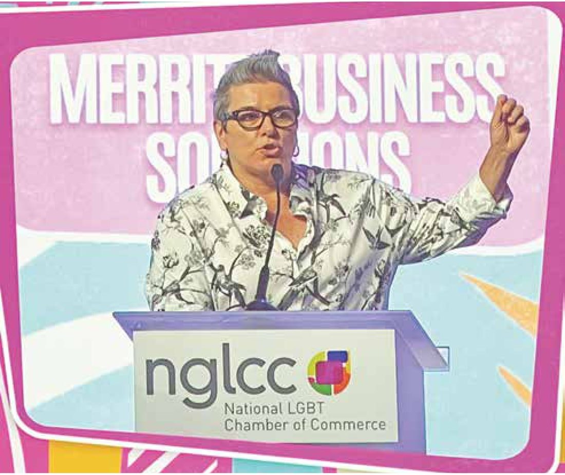 Denise Merritt speaking at the NGLCC National Conference at the Merritt Business Solutions podium.