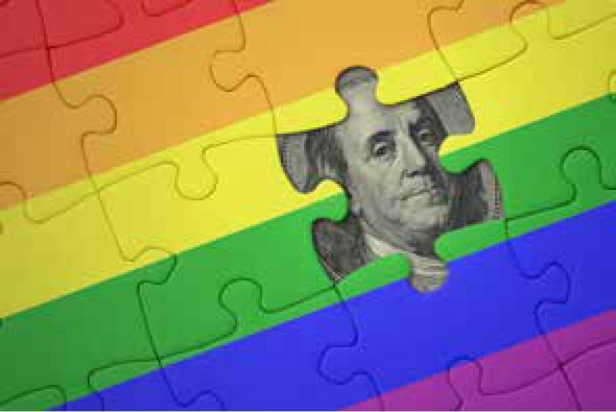 Rainbow flag puzzle with a $100 bill visible through a missing piece — representing the LGBTQ+ community's economic power.