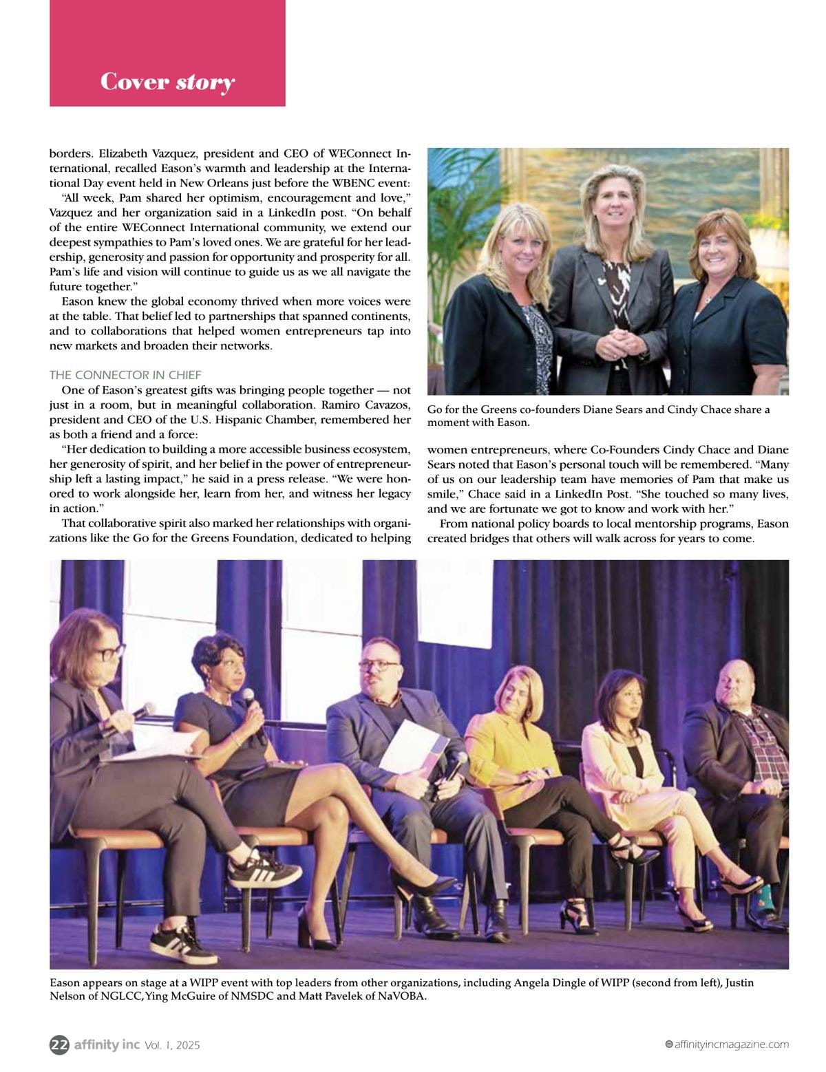 Eason appears on stage at a WIPP event with top leaders from other organizations, including Angela Dingle of WIPP, Justin Nelson of NGLCC, Ying McGuire of NMSDC and Matt Pavelek of NaVOBA.